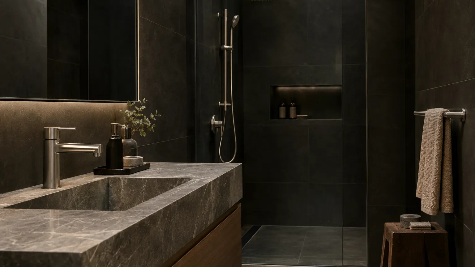 Refined modern bathroom corner with durable tapware, shower hardware, towel and vanity accessories.