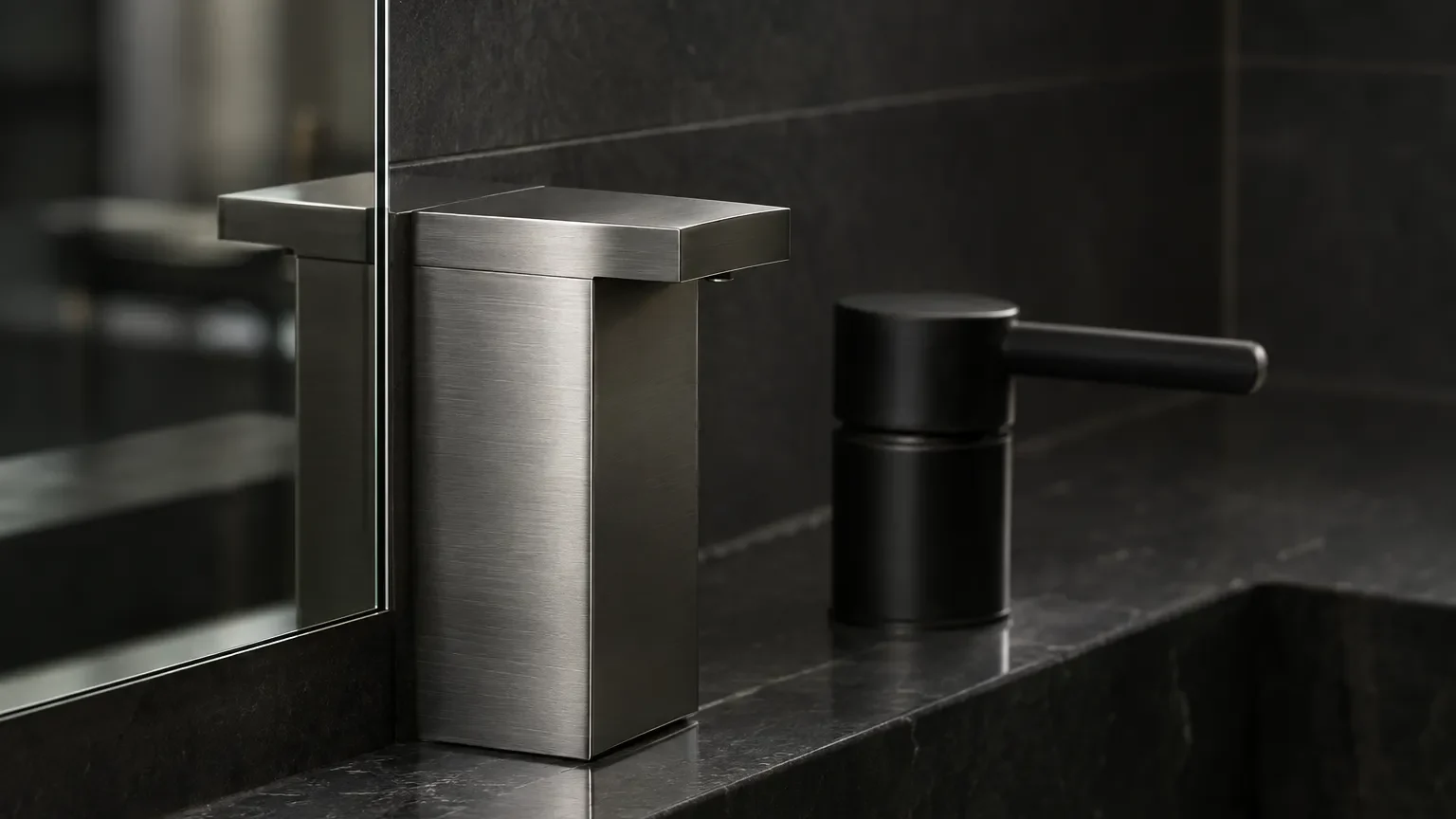 Close detail of a brushed metal dispenser, frameless mirror edge and matte black tap handle.