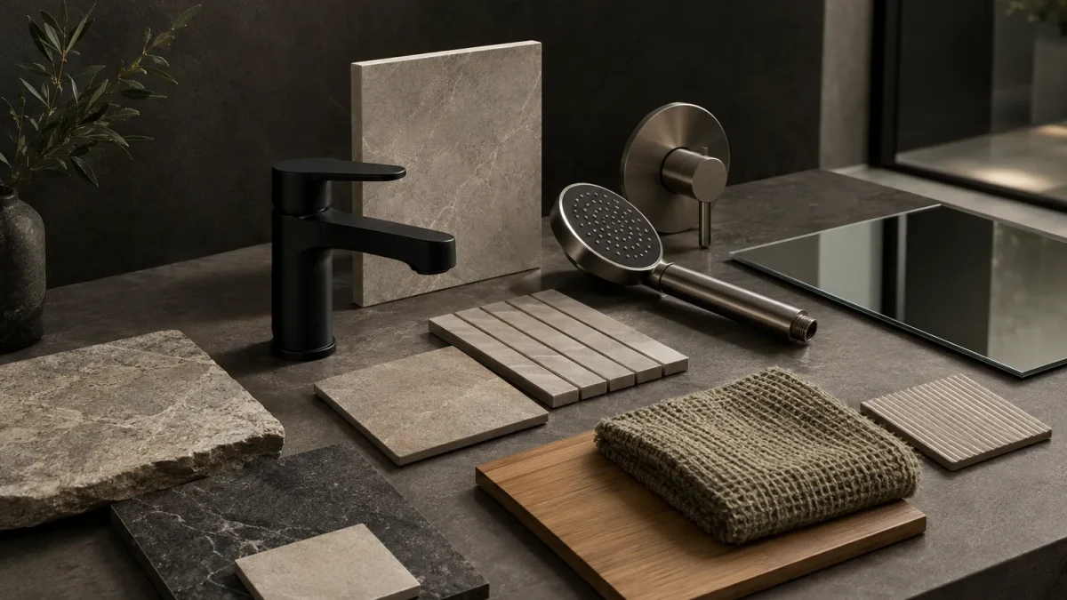 Bathroom renovation samples with tapware, shower component, towel swatch and mirror sample in a design studio setting.
