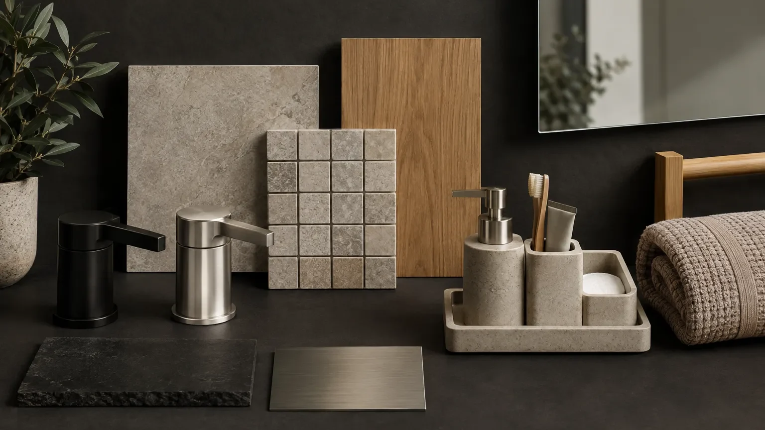 Bathroom style selection board with tapware finishes, tiles, mirror sample, towel and organiser.