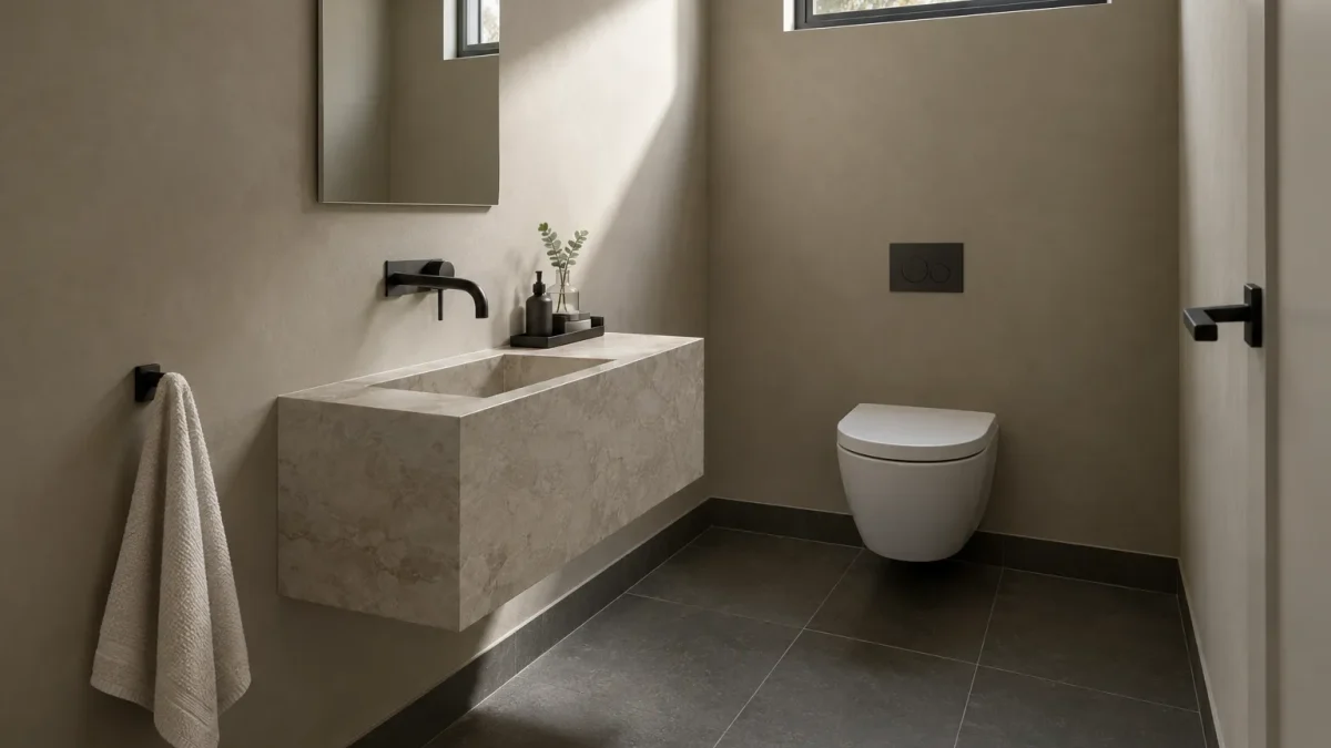 Compact ensuite with wall-hung vanity, matte black tapware, frameless mirror and organiser tray.