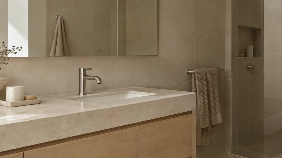 Warm minimalist bathroom with brushed nickel tapware, timber cabinetry and oatmeal bamboo towels.