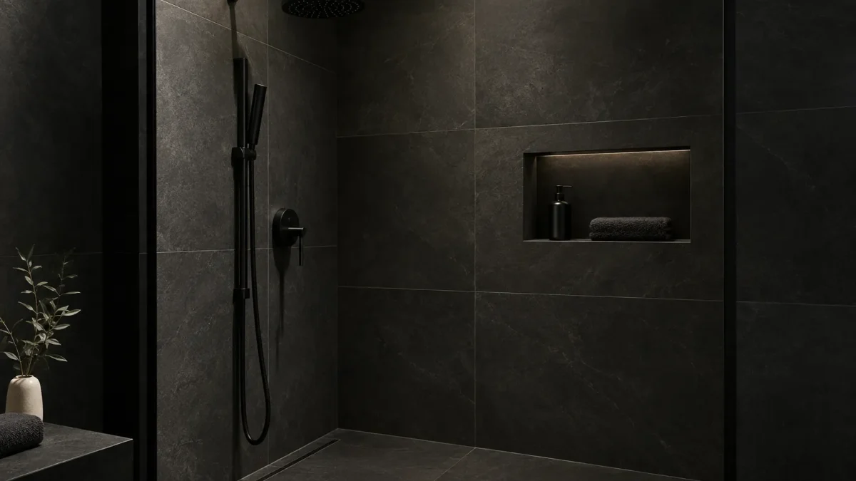 Dark architectural bathroom with matte black shower fixtures, recessed niche and charcoal towel.