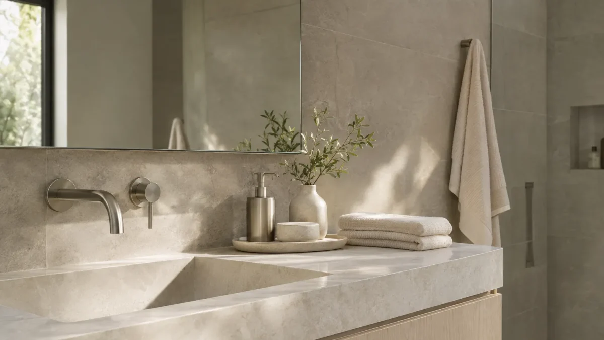 Light spa-style bathroom with frameless mirror, pale stone vanity, bamboo towels and brushed nickel dispenser.