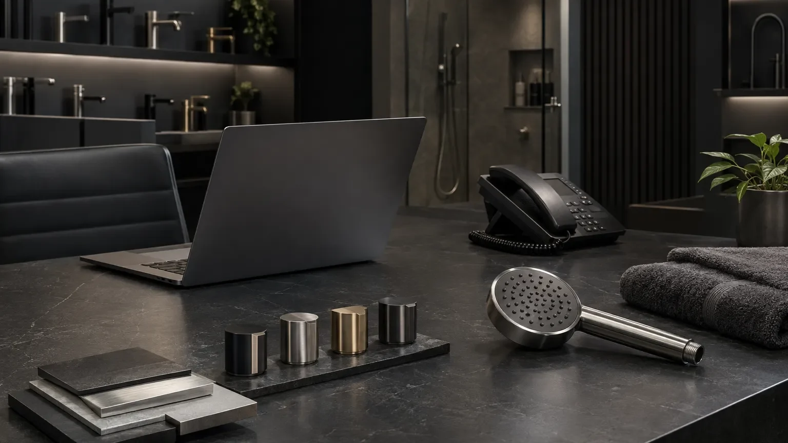 Specialist bathroom support desk with phone, laptop, tapware samples and shower component.