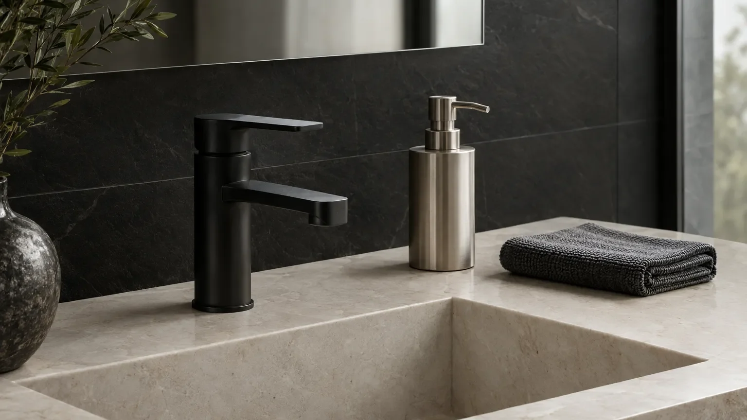 Premium bathroom fixtures and accessories with a folded cleaning cloth on a minimalist stone vanity.