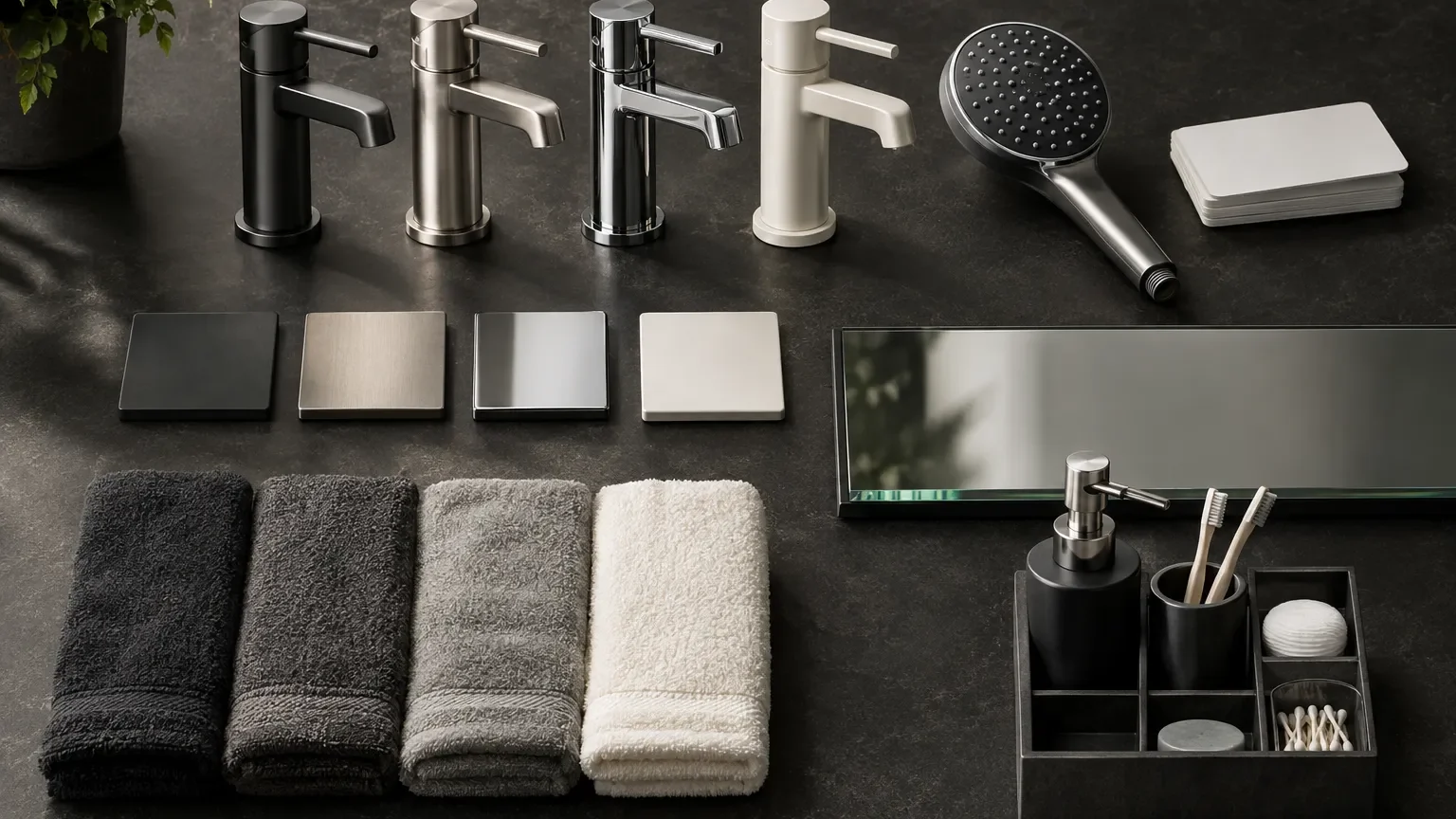 Organised bathroom product samples including tapware, showerhead, mirror edge and towel swatches.