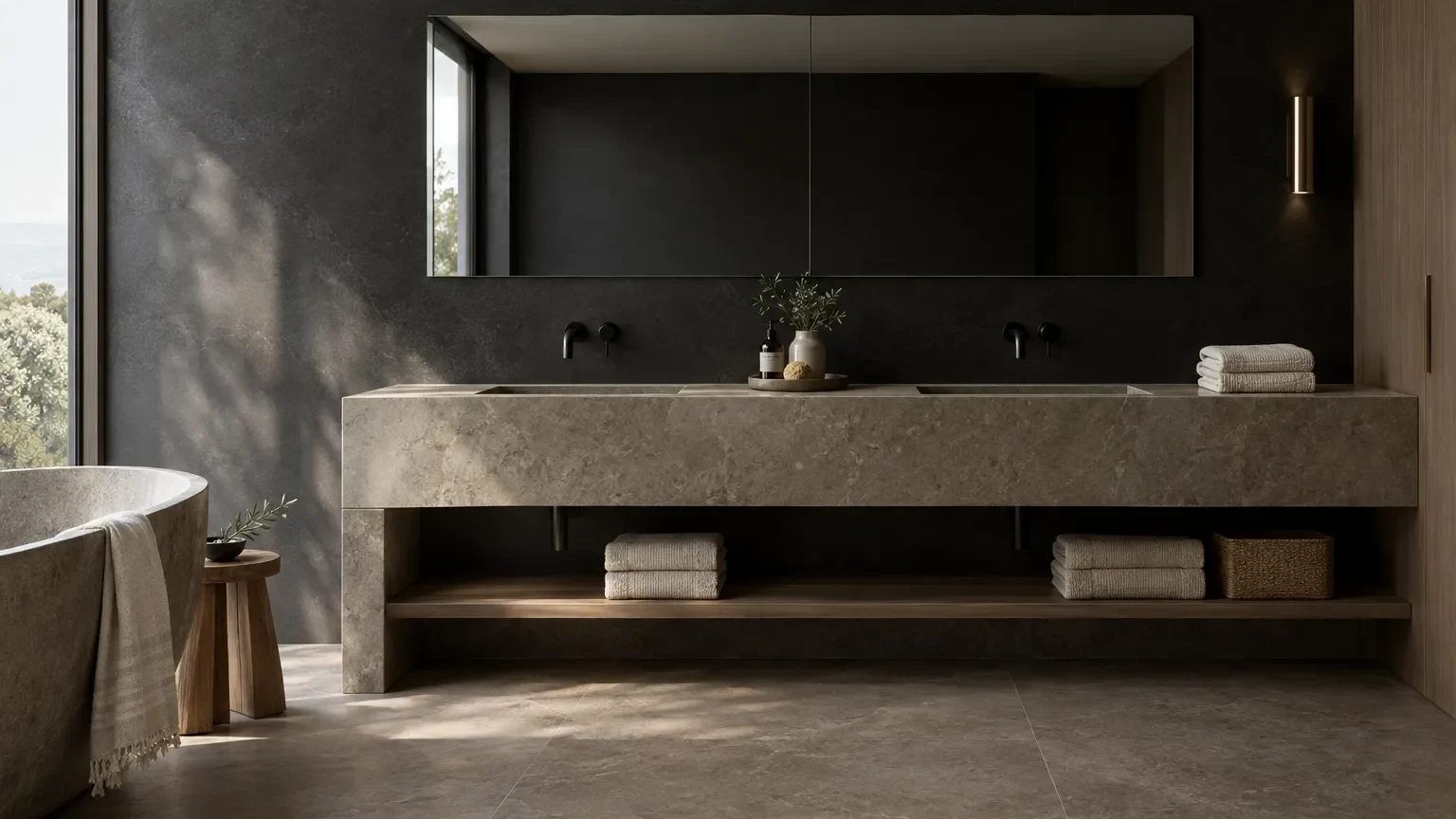 Modern luxury bathroom with matte black tapware, frameless mirror, bamboo towels and stone vanity.