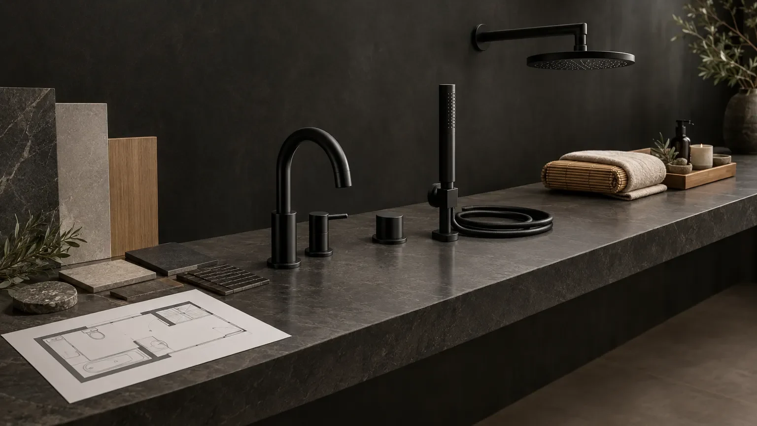 Bathroom renovation materials, selected fixtures and spa essentials arranged from planning to finished ritual.