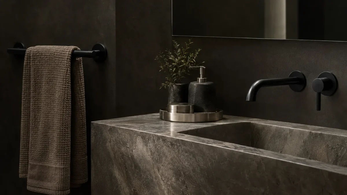 Coordinated bathroom finishes with matte black tapware, frameless mirror, towel rail and accessories.