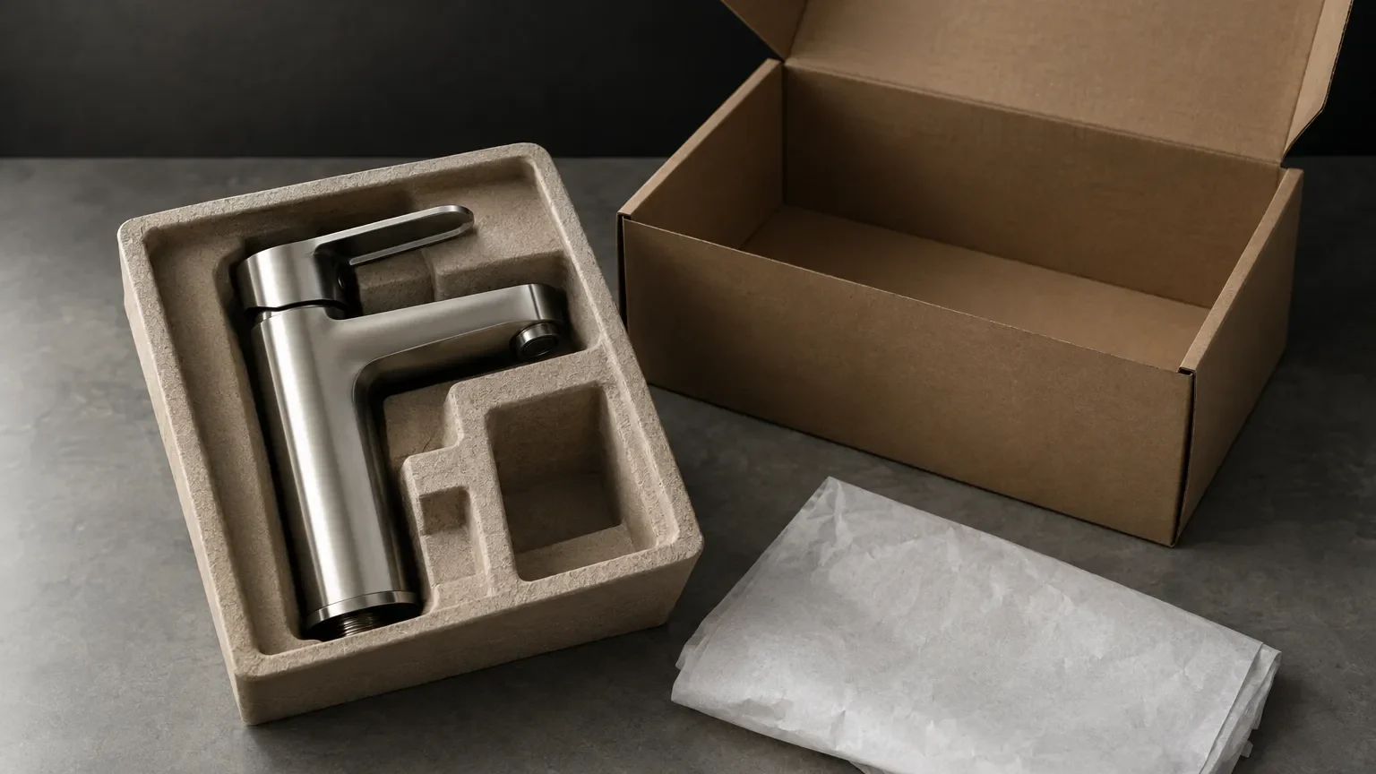 Unused brushed nickel basin mixer carefully repacked in protective packaging for return.
