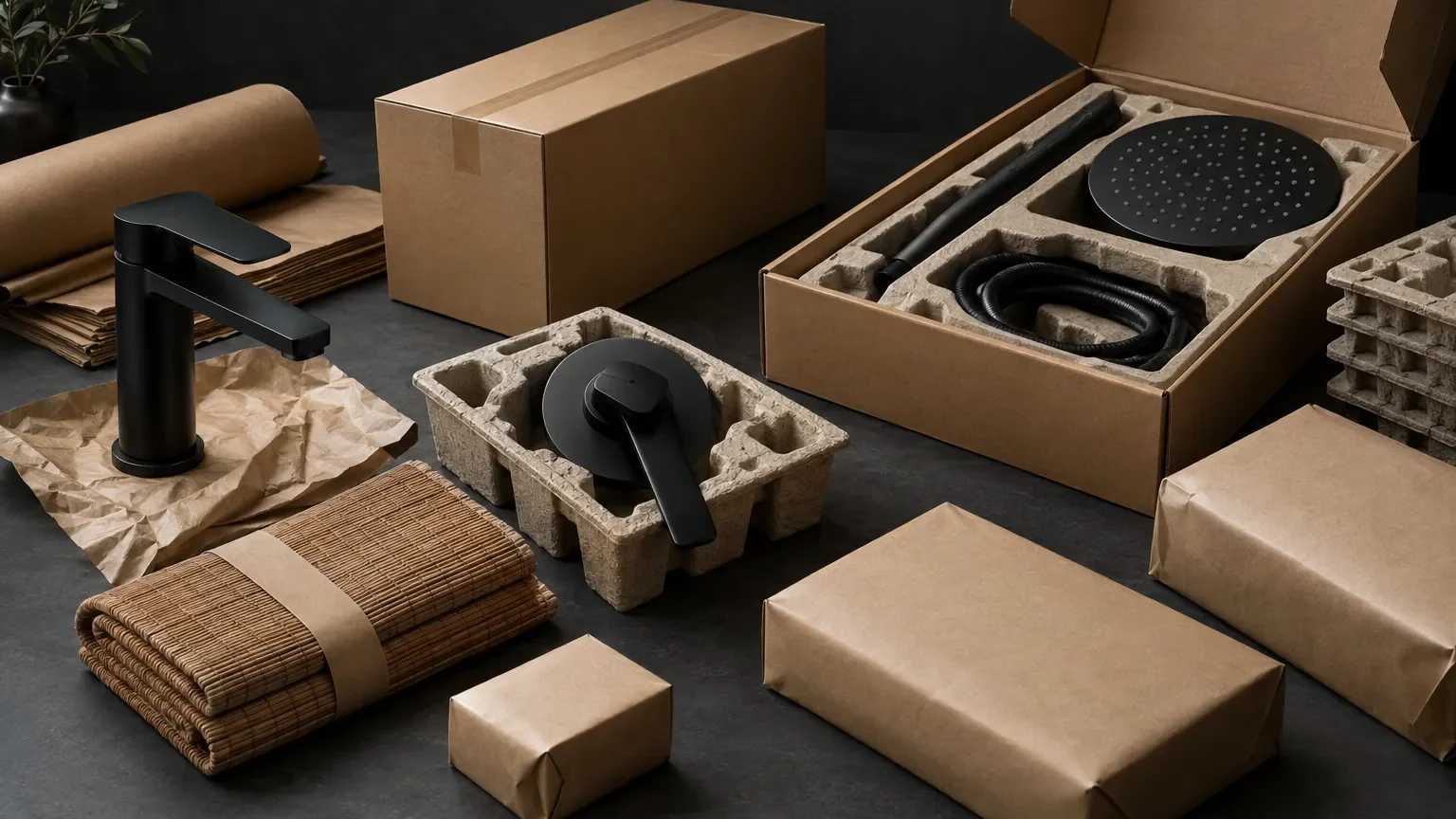 Premium bathroom accessories and recyclable packaging arranged for delivery on a dark packing bench.