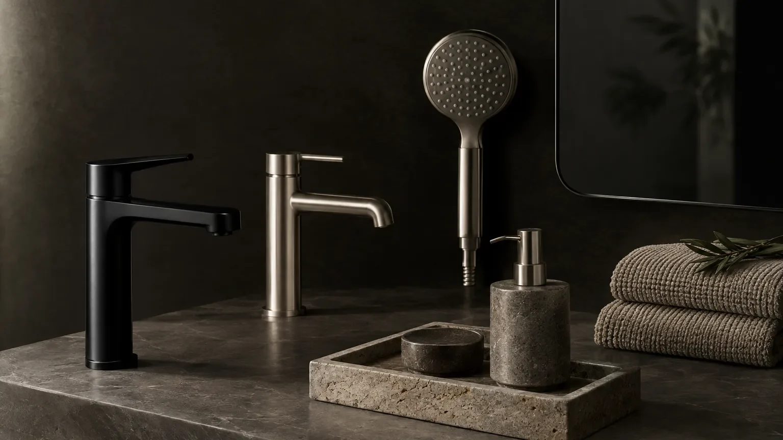 Curated premium bathroom accessories including tapware, towels, mirror and vanity essentials on a dark stone surface.