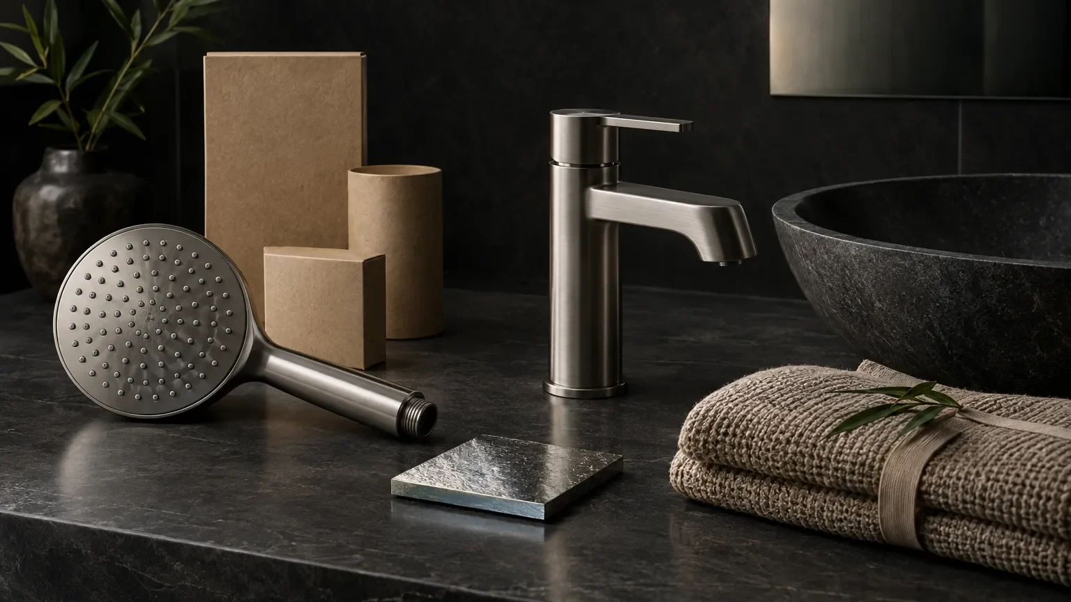 Water-saving bathroom fixtures, durable metal samples, bamboo towel and sustainable packaging on a dark surface.