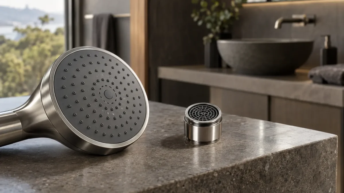 Close-up of a water-efficient showerhead and tap aerator showing precise metal details.